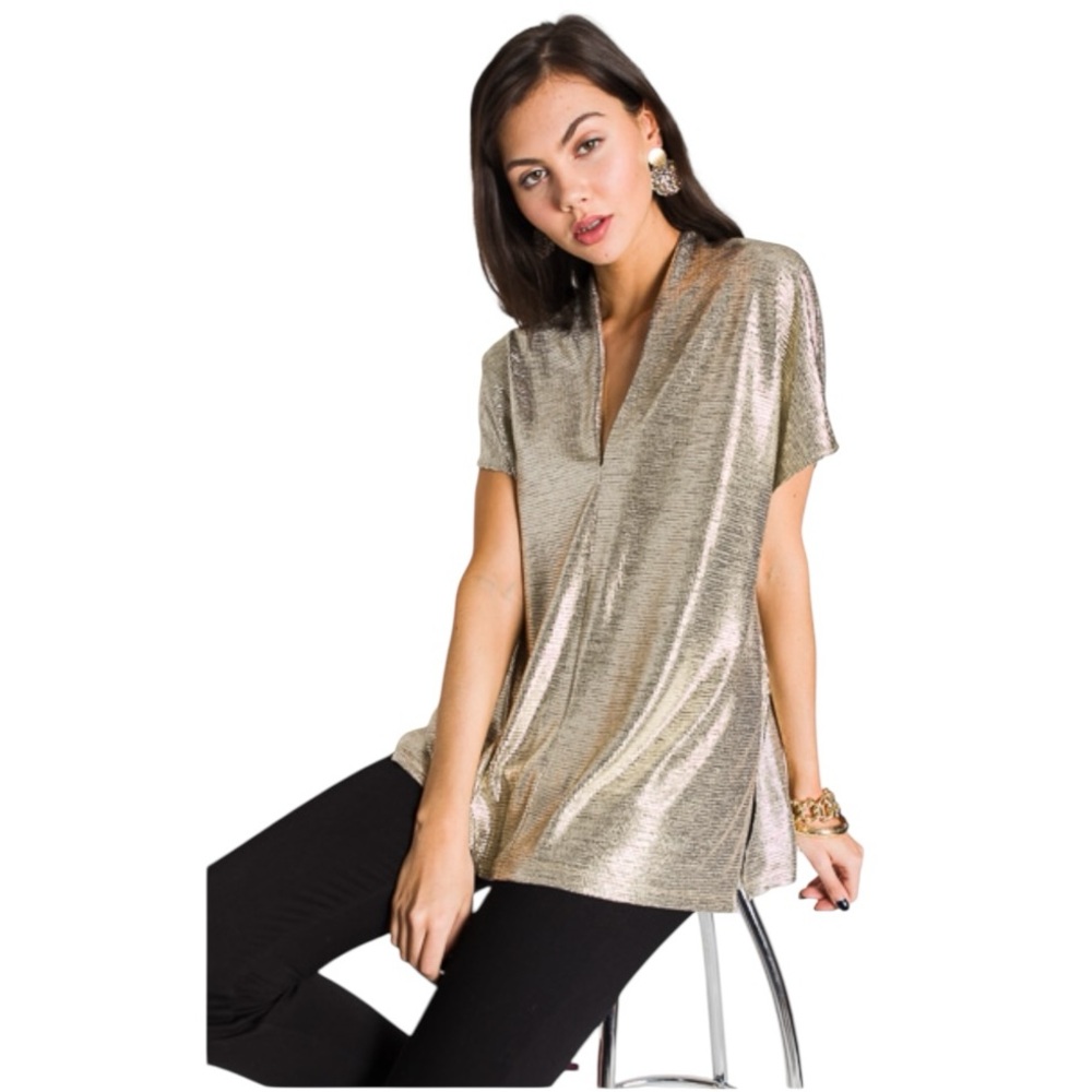 Karlie The Classic Metallic Gold Shimmer V-Neck Tunic Blouse Size Small